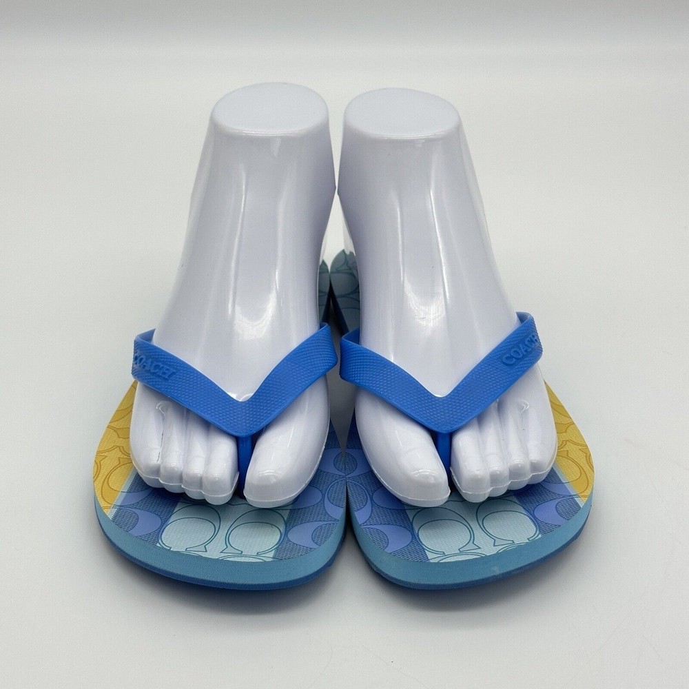NWOT Coach Logo Zak Beach Thong Flip Flop Sandals Blue/Yellow Women’s Size 6 B - Picture 3 of 16